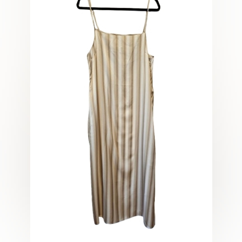 100% Silk Madewell Cream and Tan Striped Maxi Dress
